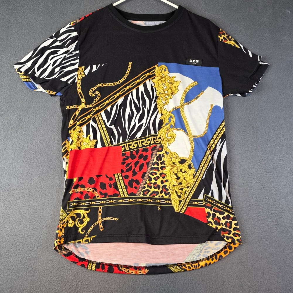 Reason T-Shirt Mens M Black Multi Color Faux Patchwork Animal Print Streetwear